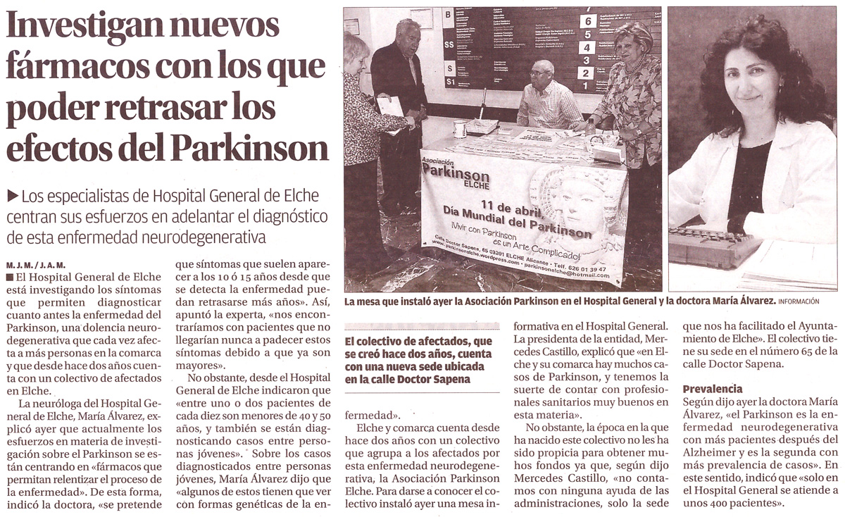 Articulo del Diario Información, día mundial del Parkinson, 11 de abril de 2012