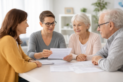 Trabajadora social atendiendo a familiares y personas mayores con párkinson en una reunión informativa con documentación sobre apoyo y orientación