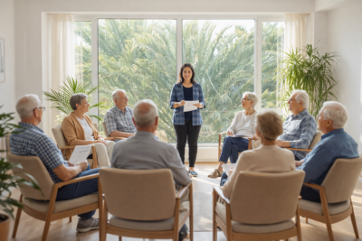 Grupo de familiares y personas cuidadoras de personas con párkinson en sesión de ayuda mutua en la Asociación Parkinson Elche