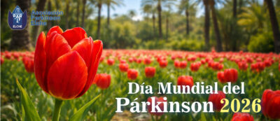 Tulipanes rojos, símbolo de la enfermedad de párkinson en un huerto de palmeras típicos de la ciudad de Elche en el Día Mundial del Párkinson en Elche