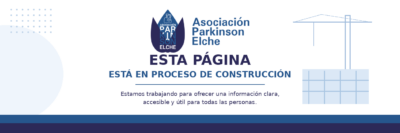 Página en construcción de la web de la Asociación Parkinson Elche con el logotipo oficial de la entidad y diseño corporativo en tonos azules