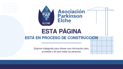 Página en construcción de la web de la Asociación Parkinson Elche con el logotipo oficial de la entidad y diseño corporativo en tonos azules