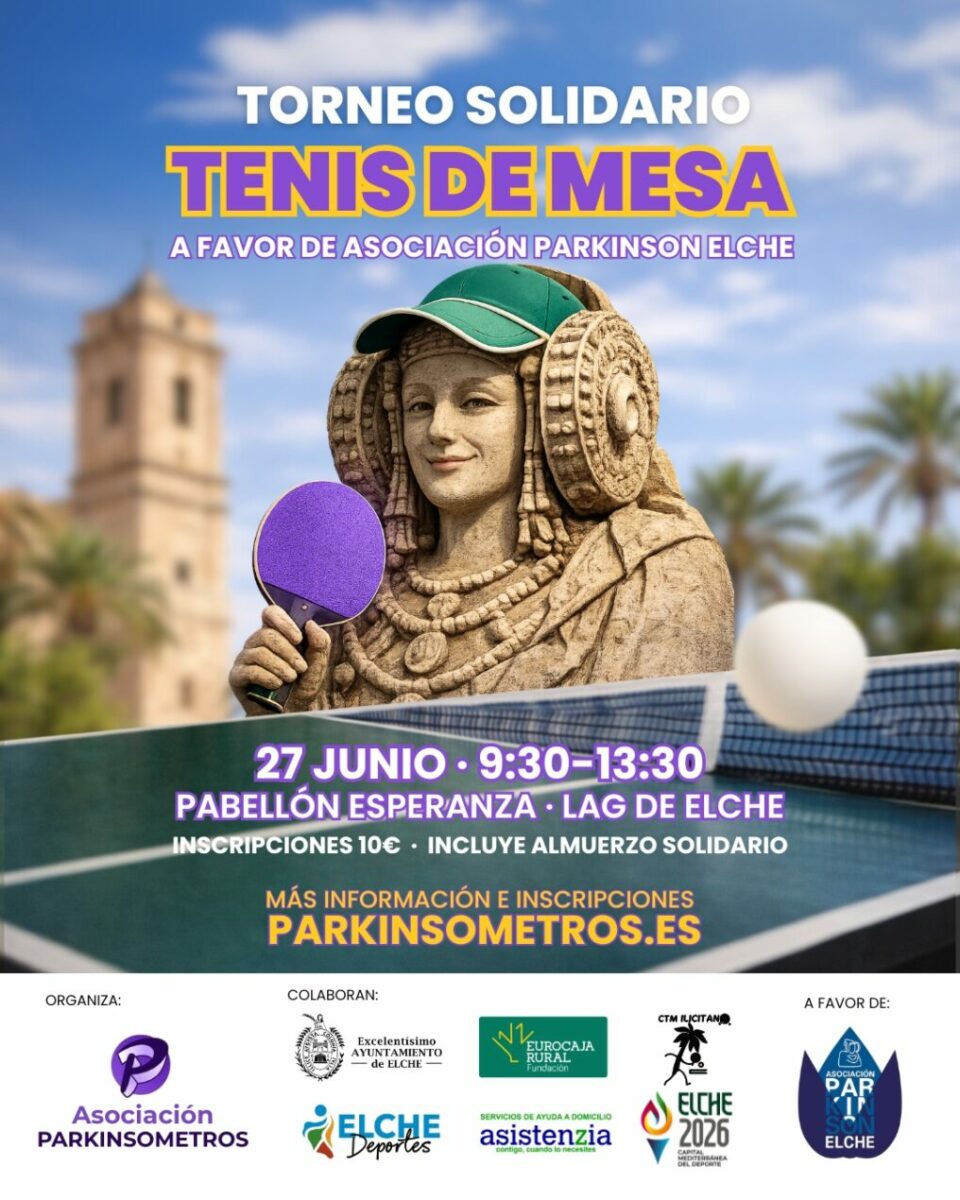 Cartel promocional del Torneo Solidario de Tenis de Mesa organizado a favor de la Asociación Parkinson Elche, celebrado el 27 de junio en el Pabellón Esperanza Lag de Elche. La imagen muestra una representación artística de la Dama de Elche jugando al tenis de mesa, simbolizando deporte, salud, inclusión y solidaridad en apoyo a las personas con párkinson.
