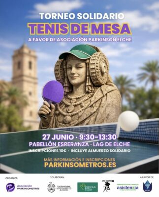 Cartel promocional del Torneo Solidario de Tenis de Mesa organizado a favor de la Asociación Parkinson Elche, celebrado el 27 de junio en el Pabellón Esperanza Lag de Elche. La imagen muestra una representación artística de la Dama de Elche jugando al tenis de mesa, simbolizando deporte, salud, inclusión y solidaridad en apoyo a las personas con párkinson.