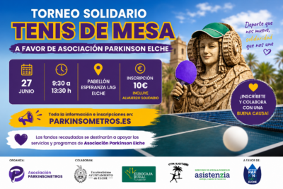 Imagen promocional del Torneo Solidario de Tenis de Mesa a favor de Asociación Parkinson Elche, que se celebrará el 27 de junio en el Pabellón Esperanza Lag de Elche. La imagen representa a la Dama de Elche jugando al tenis de mesa como símbolo de deporte, solidaridad, salud e inclusión social en apoyo a las personas con párkinson.