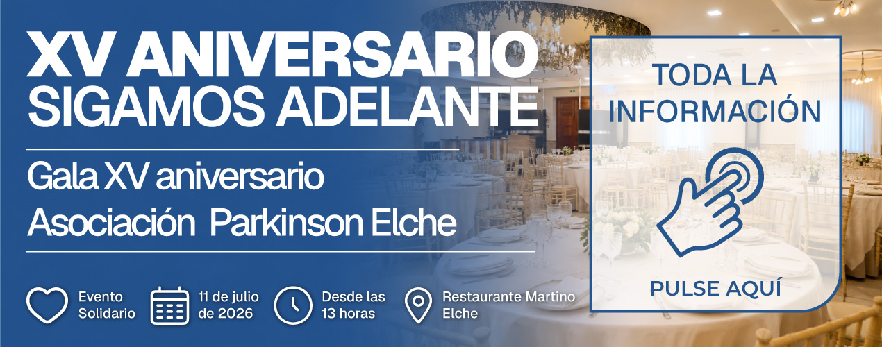 Banner del XV Aniversario de la Asociación Parkinson Elche con información de la gala solidaria en Restaurante Martino de Elche