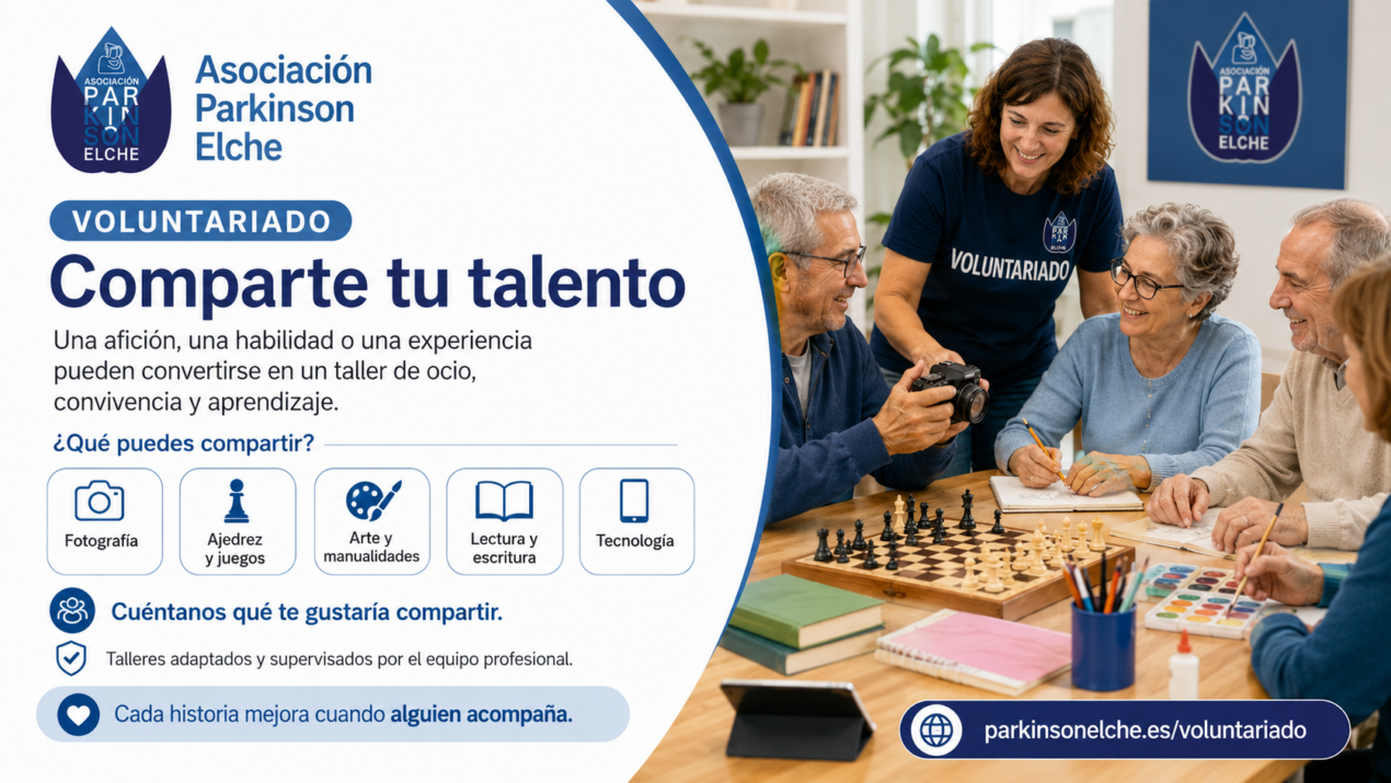 Talleres de voluntariado en Elche: comparte tu talento Persona voluntaria compartiendo una afición en un taller adaptado para personas con párkinson en Elche